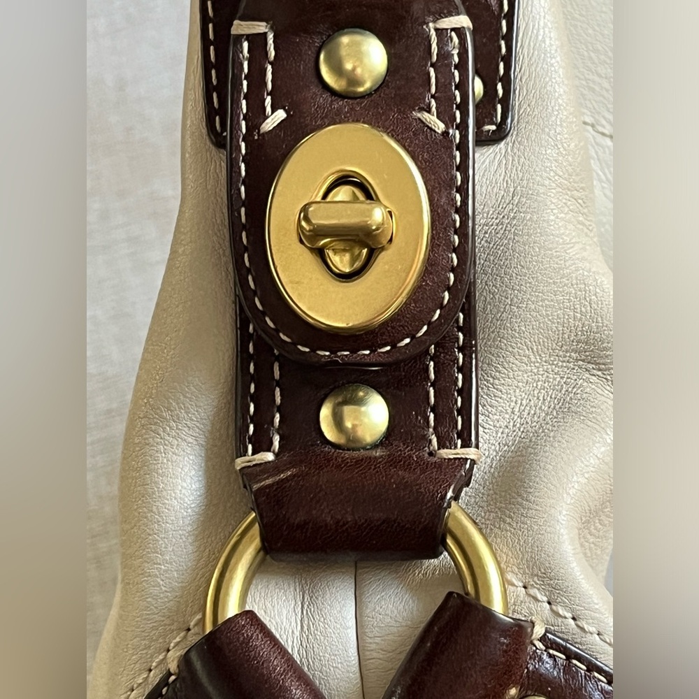 COACH Carly Cream Leather Hobo Handbag w/Brown Leather Trim and Brass Hardware - Picture 10 of 16